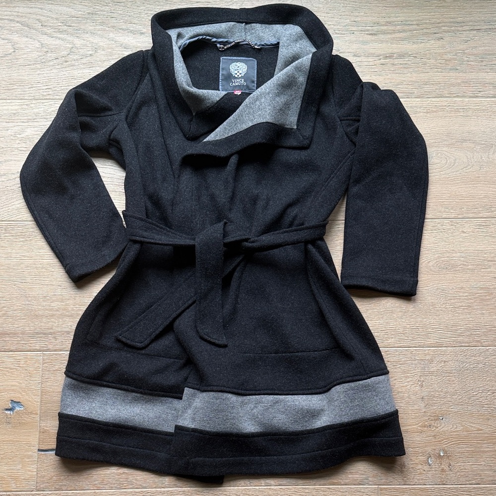 Vince Camuto Black and Gray Belted Wool Blend Jacket